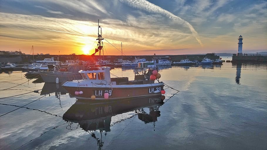 sunset, boats, reflection, nautical vessel, water, sky, transportation HD wallpaper