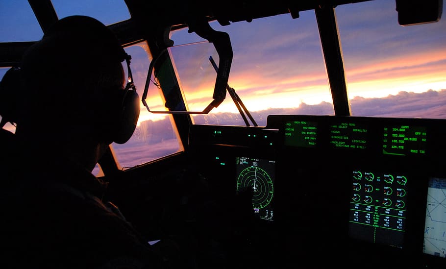 person driving airplane, sunset, sky, clouds, aircraft, cockpit HD wallpaper