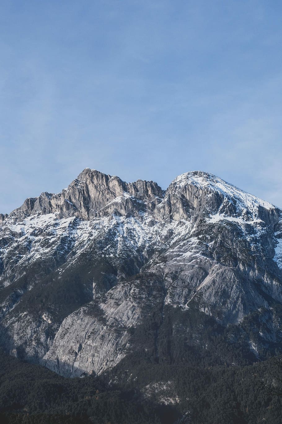 alpine mountain, rock mountain photo, forest, snow, sky, cloud HD wallpaper