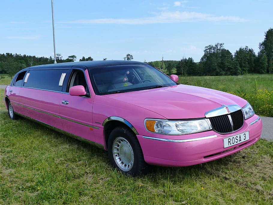 pink Lincoln Town Car limousin parked on grass, sky, exhibition