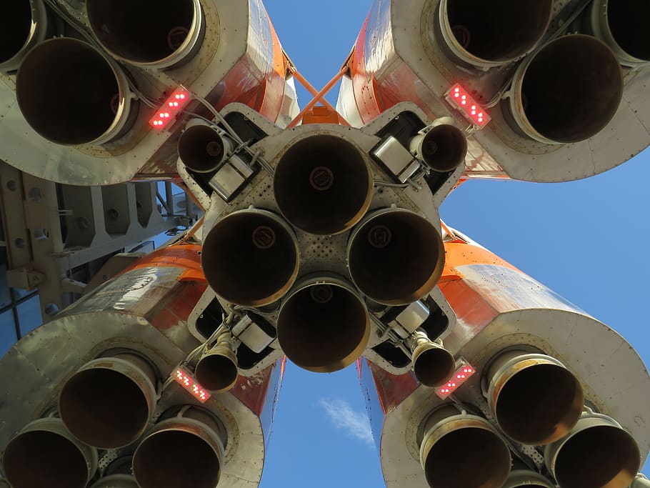 rocket, booster, nozzle, jet engine, low angle view, sky, circle, HD wallpaper