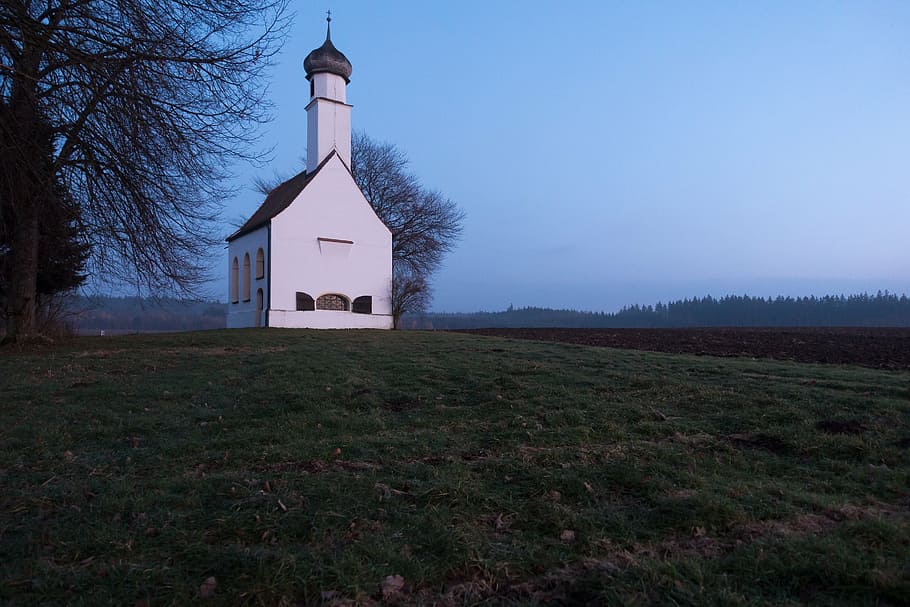 chapel, tree, arable, abendstimmung, landscape, field, nature HD wallpaper