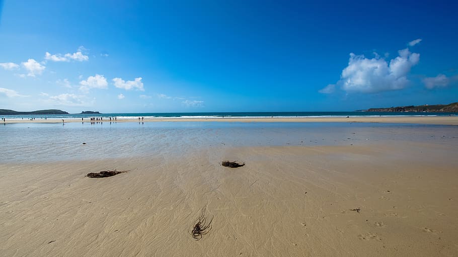 beach, sky, ebb, low tide, falling tide, water, ocean, clouds HD wallpaper