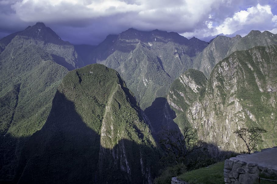 machu picchu, peru, mountains, clouds, foothills, shadows, sun gate HD wallpaper