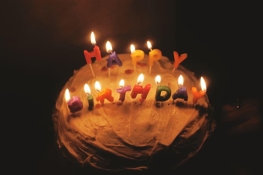 Happy Birthday cake candle, cake with Happy Birthday lighted candle inside dark room, HD wallpaper