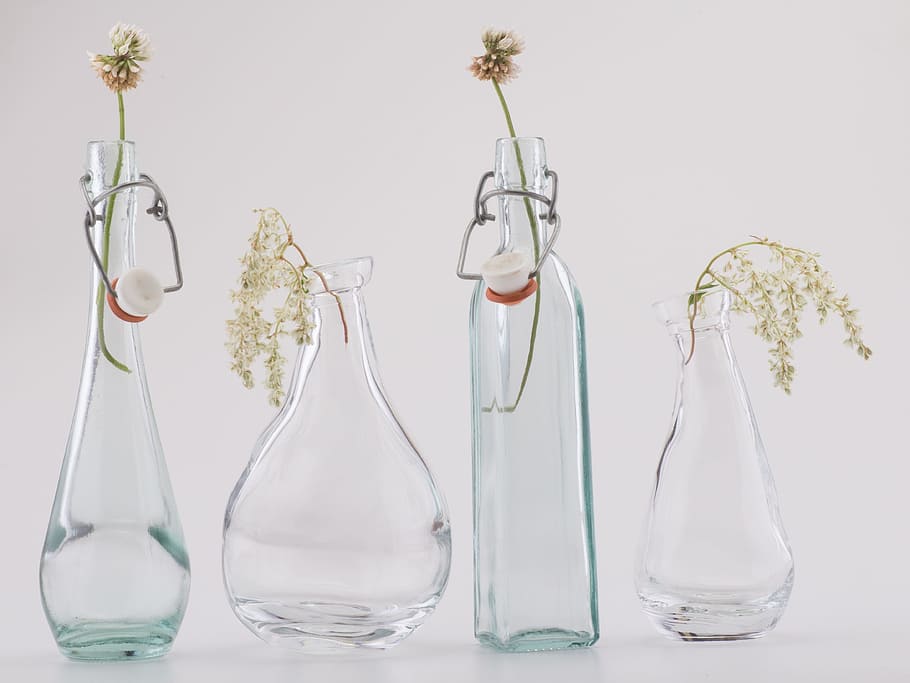 close-up photo of four clear glass vases, glass bottle, still life, HD wallpaper