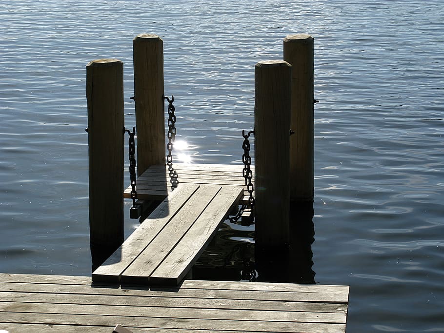 web, water, sun, sparkle, pier, bollard, wood - material, lake HD wallpaper