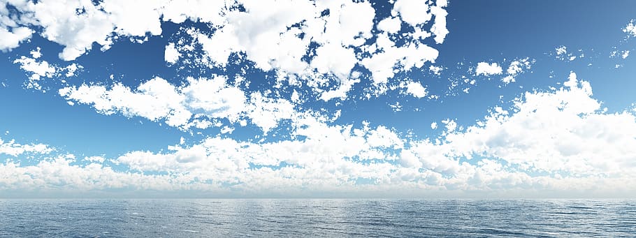 ocean, clouds, sky, sea, landscape, cgi, seascape, blue, water HD wallpaper
