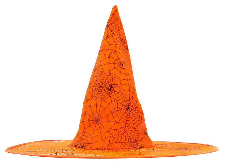 orange witch hat on white surface, Clothes, Clothing, Costume