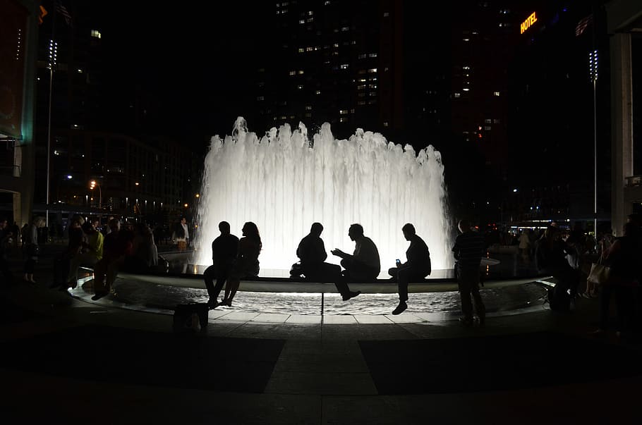 silhouette of people sitting near fountain, Source, Silhouettes HD wallpaper