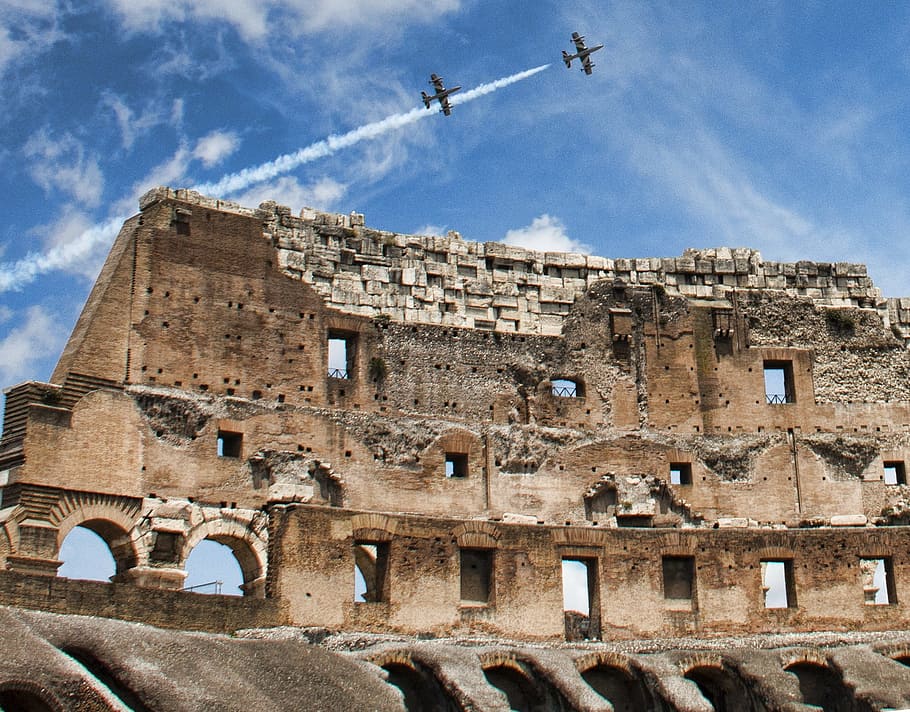 closeup photography of brown Colosseum under two aircrafts, italy, HD wallpaper