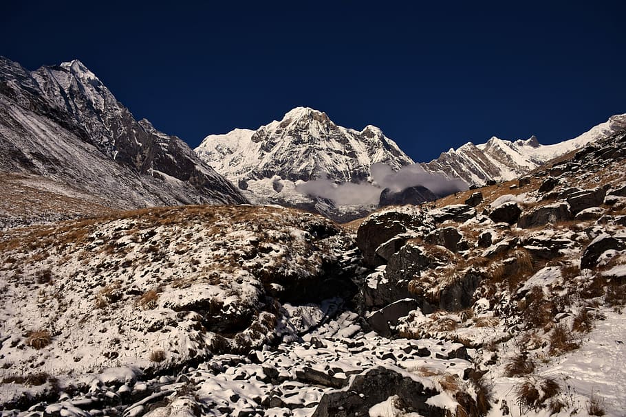 mountains under blue sky, white and brown mountains, rock, snow HD wallpaper