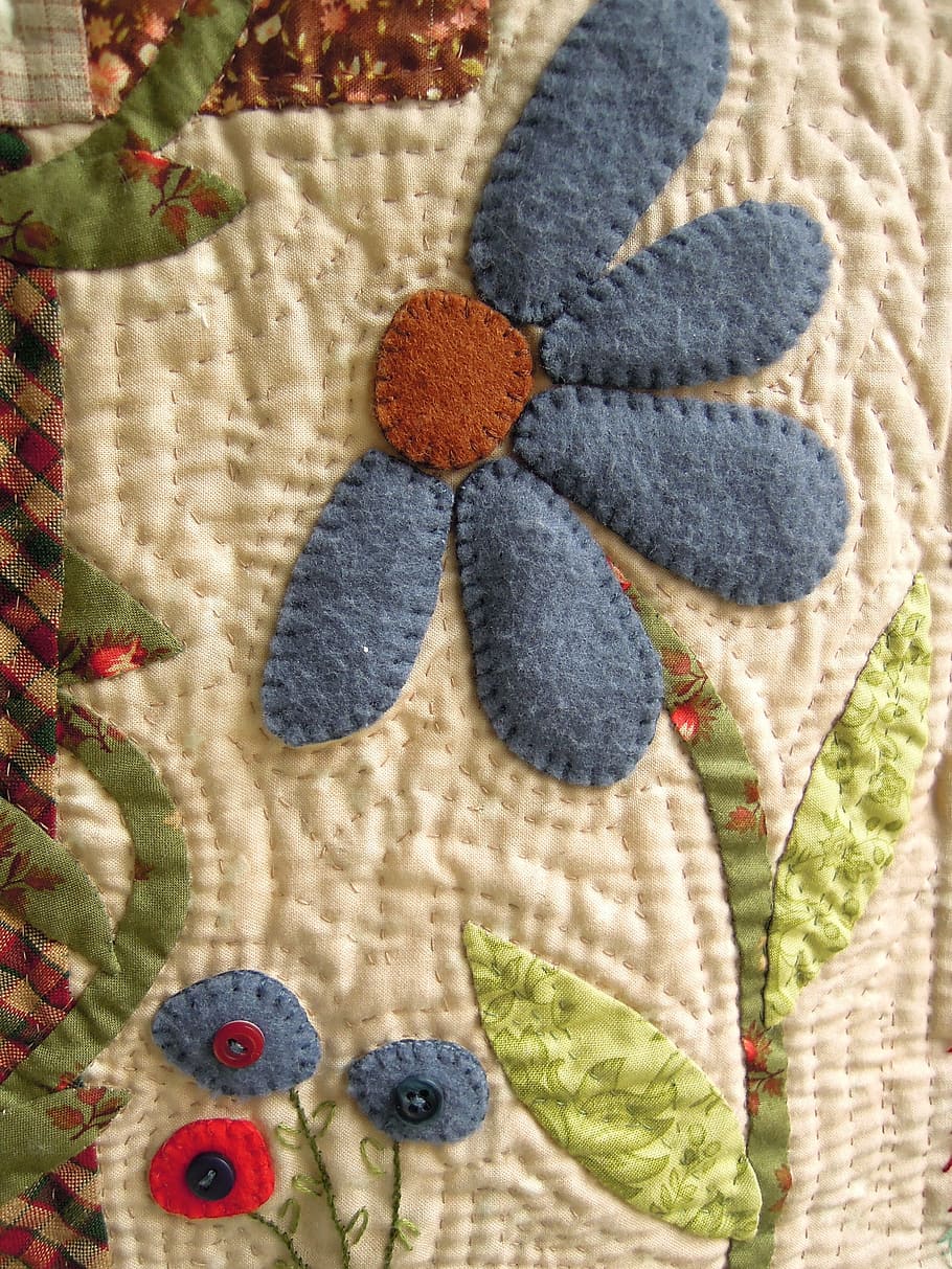 beige and blue floral fabrics, fabric flower, patchwork, sewing HD wallpaper