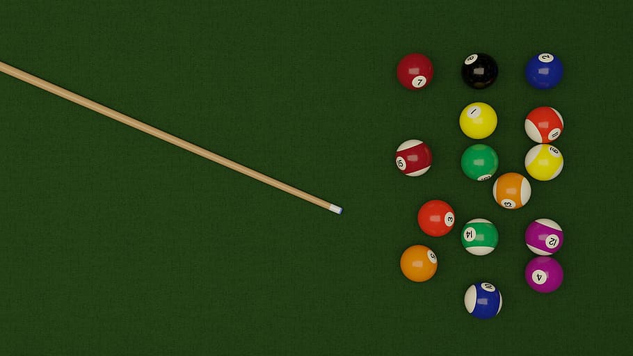 billiard ball set and brown cue stick, billiards, balls, table