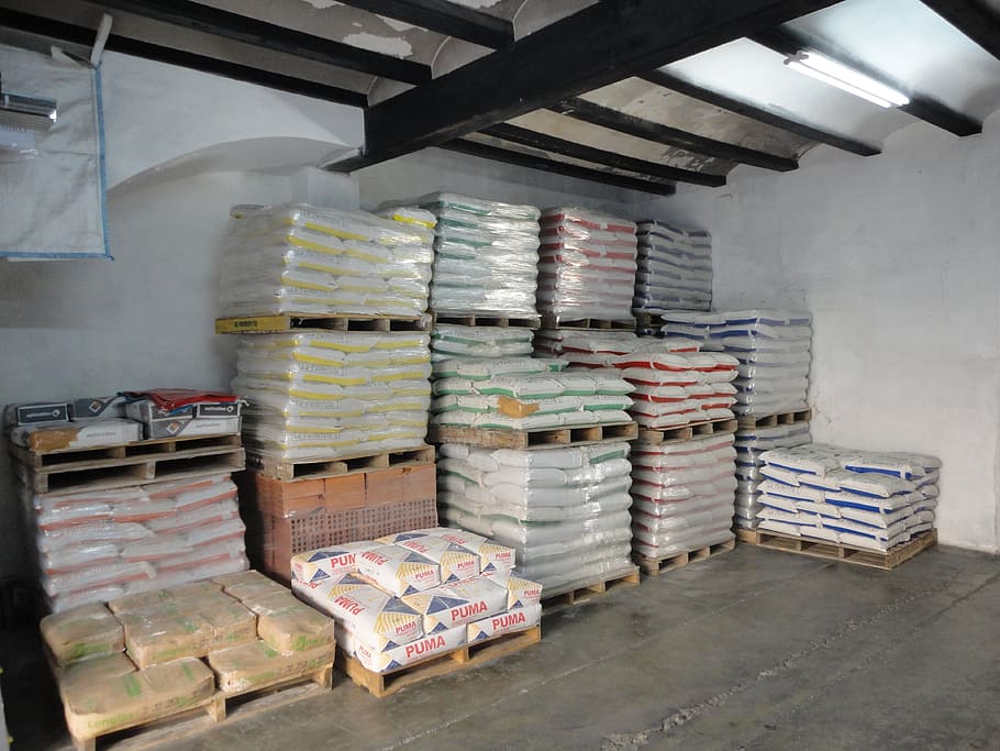 sacks of cement on pallets, Warehouse, Construction, architecture