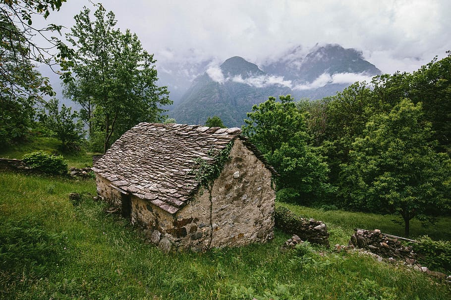 brown cabin beside green grass on hill, brown concrete house on green grass field HD wallpaper
