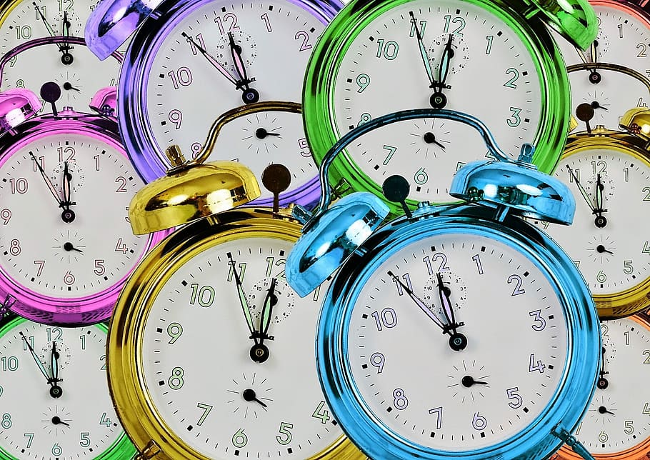assorted-color twin-bell alarm clock lot, time, time of, time indicating, HD wallpaper