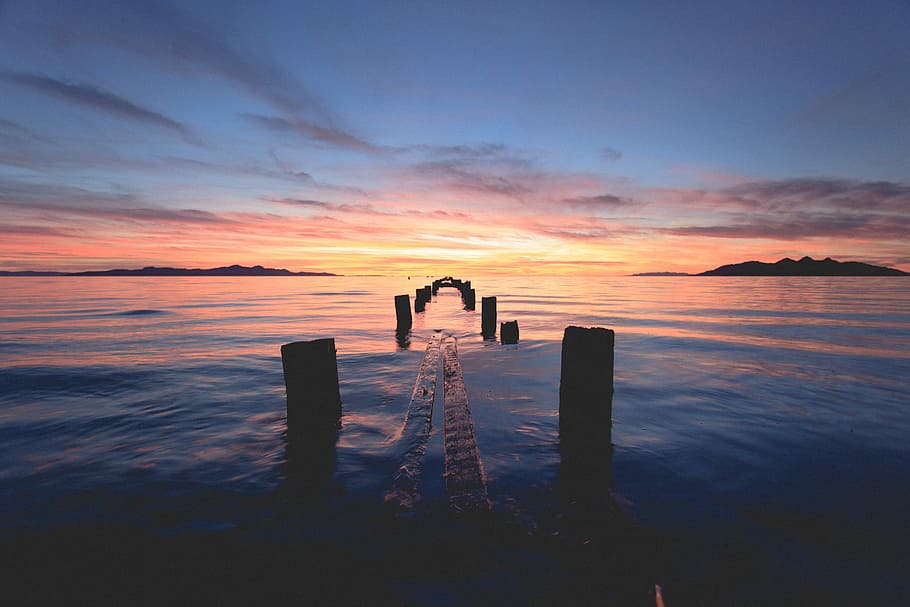 scenery of wooden dock bridge, brown post at body of water, sunset HD wallpaper