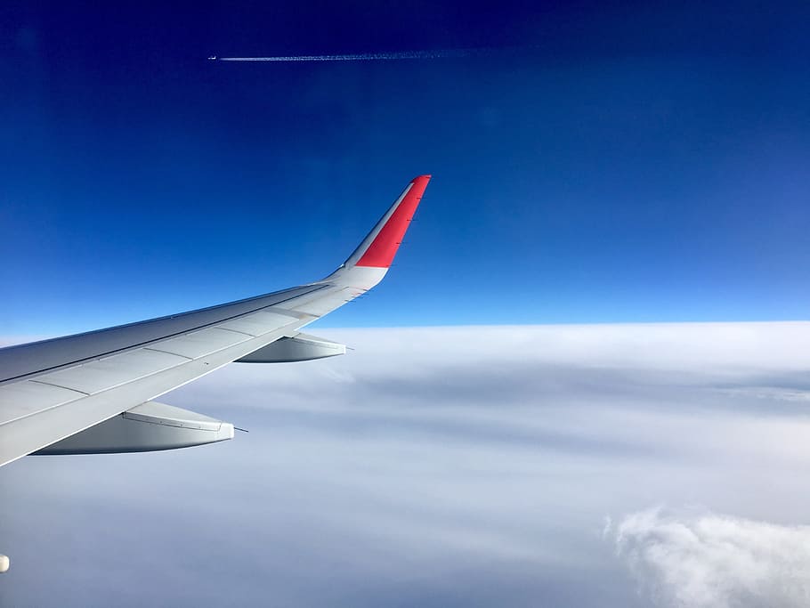 Sky, Plane, Clouds, Wing, Fly, blue, aircraft, travel, aviation HD wallpaper