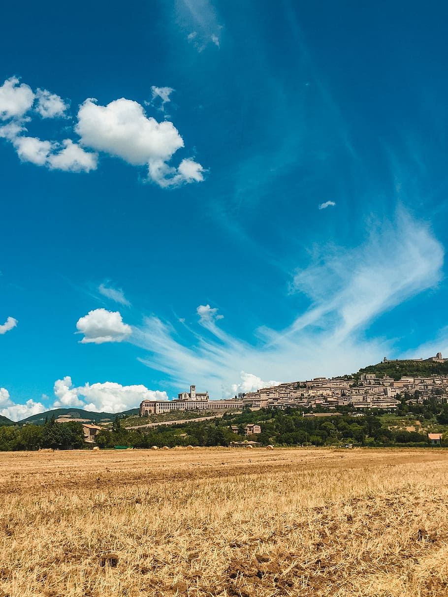 grass field near buildings under blue sky, concrete building on mountain under blue sky during daytime HD wallpaper