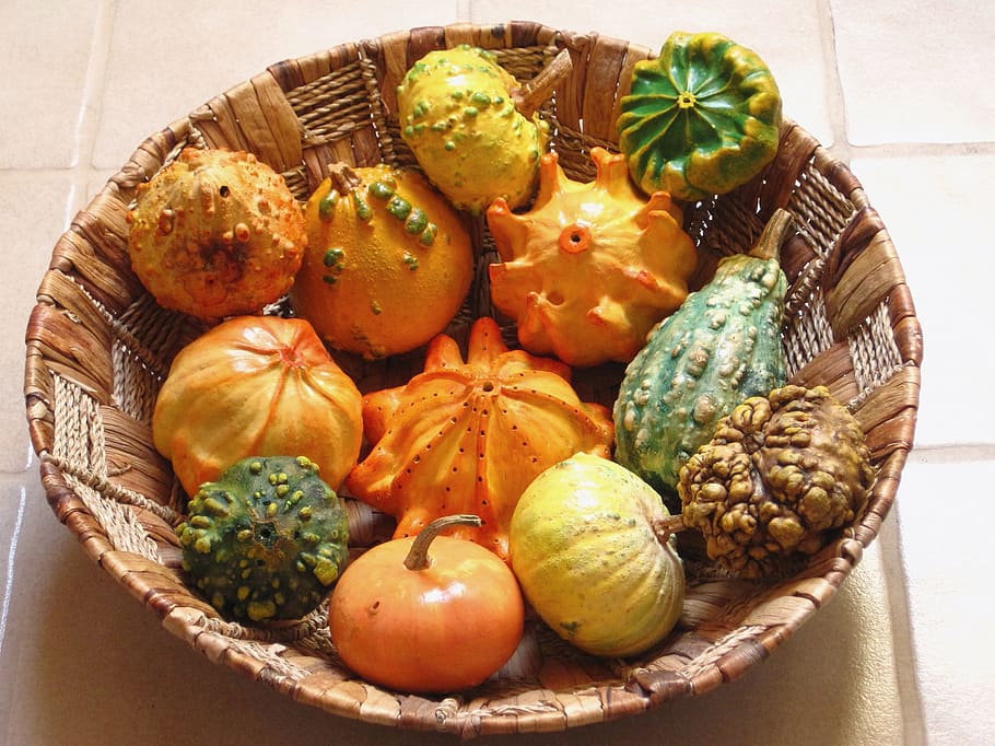 decorative squashes, pumpkins, dried, painted, autumn, basket HD wallpaper