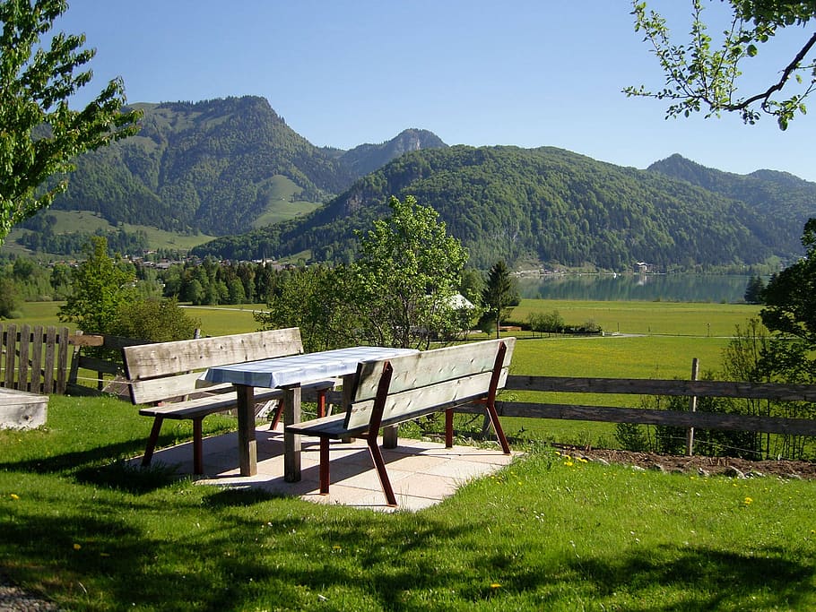 gray wooden picnic table on green grass, nature, jause, outdoor HD wallpaper