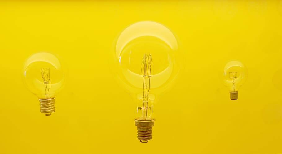 three LED light bulbs on yellow background, lamp, idea, philips, HD wallpaper