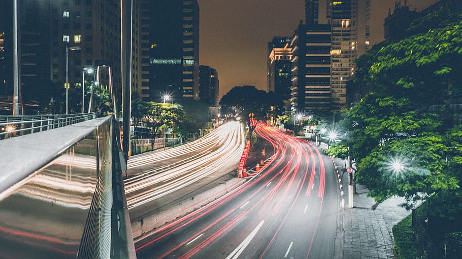 city, road, traffic, lights, architecture, blur, bridge, buildings HD wallpaper
