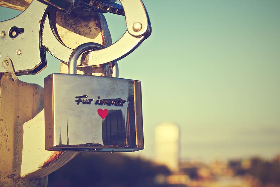 gray padlock on handcuff, locked, heart, love sign, security HD wallpaper