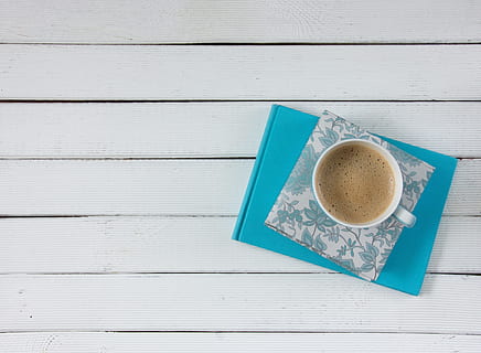 white ceramic mug on white and blue floral matt, coffee, notebook HD wallpaper