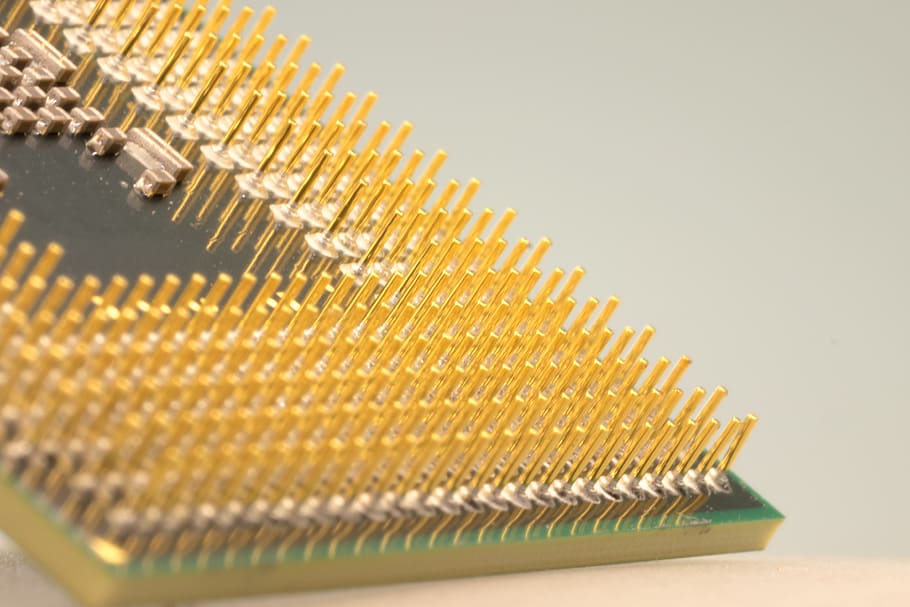 macro photograph of computer processor, cpu, pen, pin, electronics HD wallpaper
