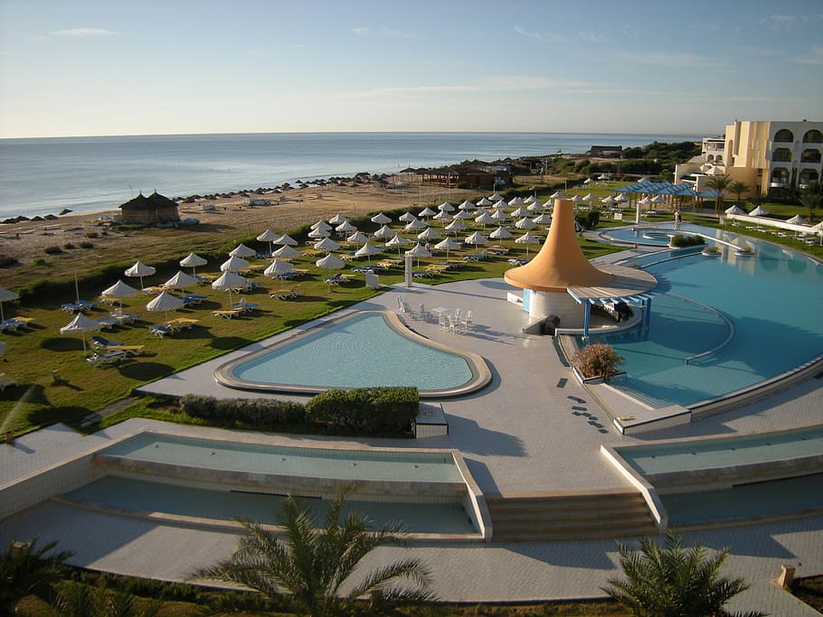 hotel complex, hotel beach, resort, holidays, atlas, tunisia, HD wallpaper