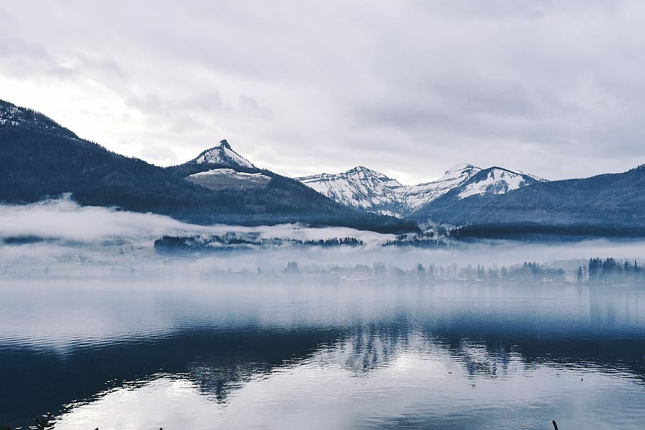 snow-capped mountain near body of water during daytime, black and white mountain near body of water HD wallpaper