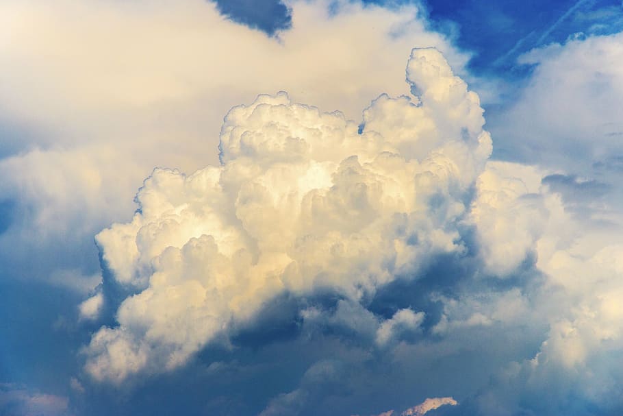 the sky, clouds, storm, blue, yellow, nature, weather, kumulus HD wallpaper