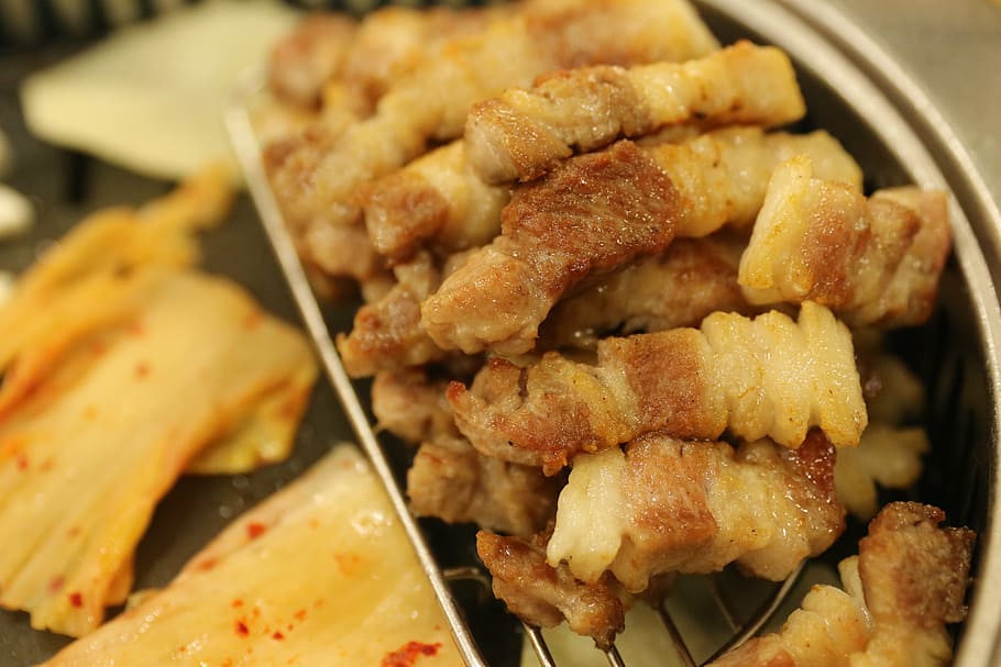 pork, food, kimchi, meat, grilled, dining room, pig, republic of korea, HD wallpaper