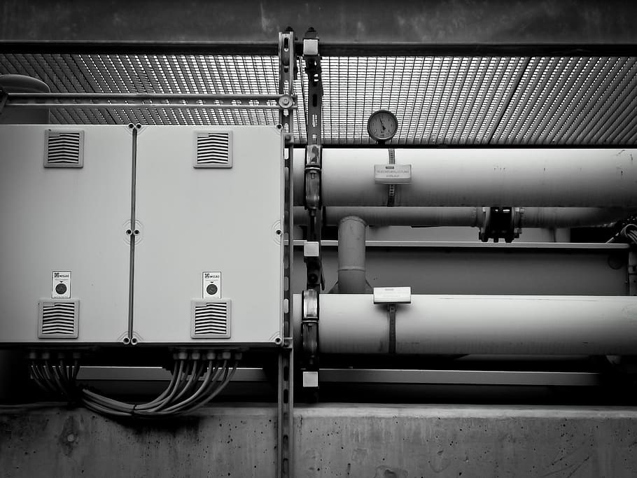 grayscale photo of pipes with gauges, industry, line, connections, HD wallpaper