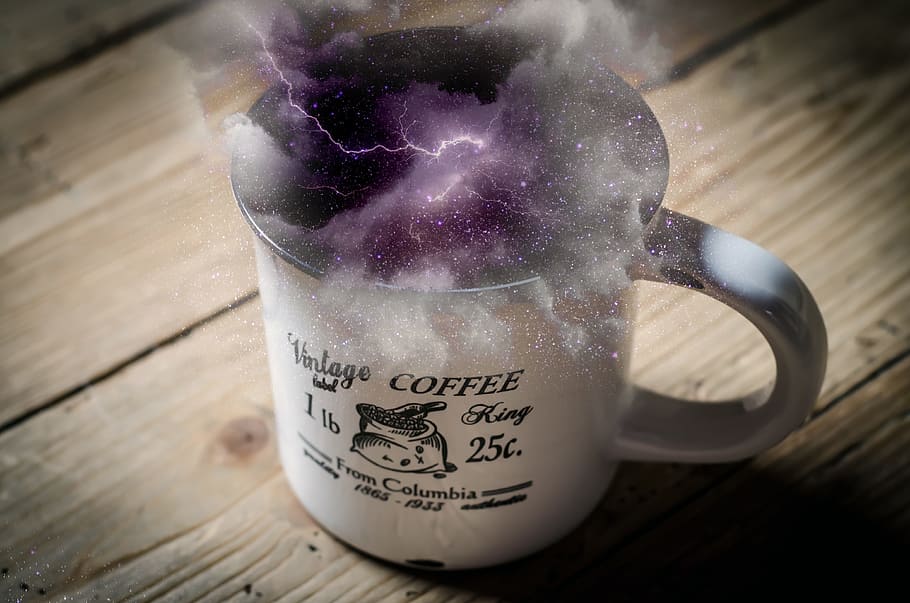 space, storm, coffee, cup, cloud, light, weather, dark, overcast HD wallpaper