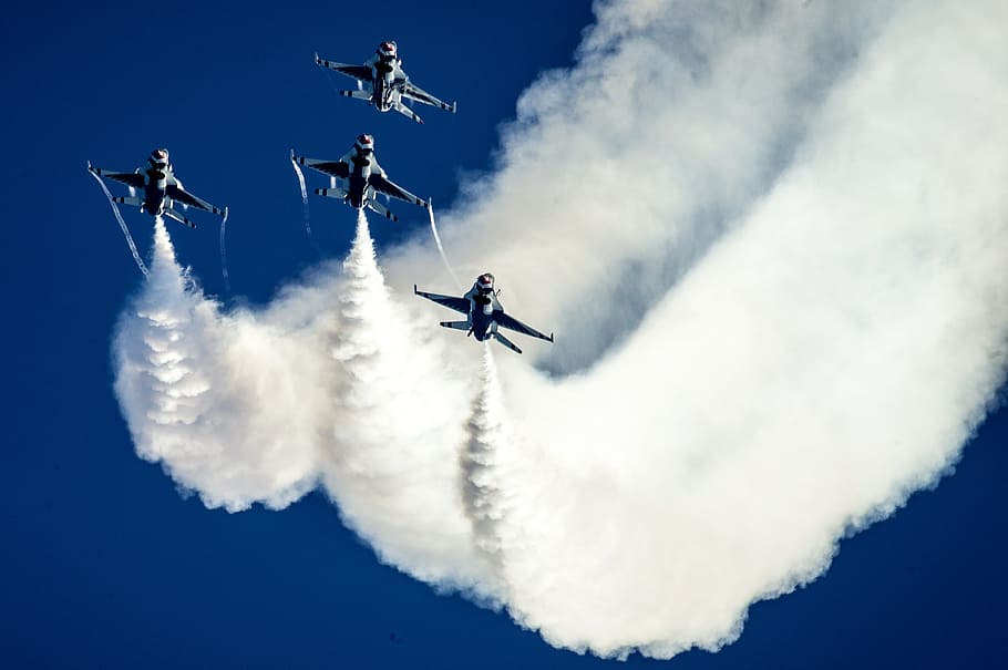 four gray planes leaving white contrails, air show, thunderbirds, HD wallpaper