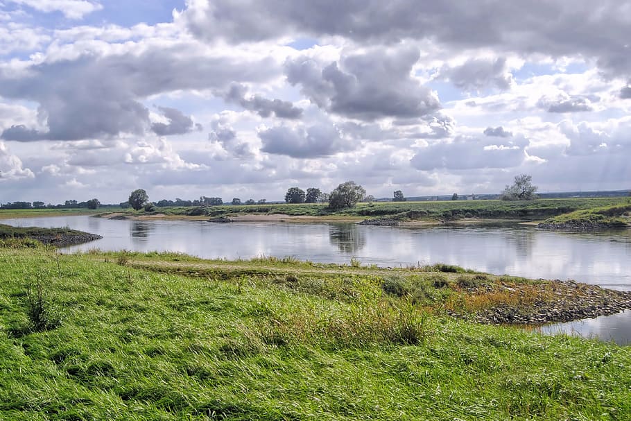 landscape, river, clouds, bank, water, nature, elbe, dramatic clouds HD wallpaper