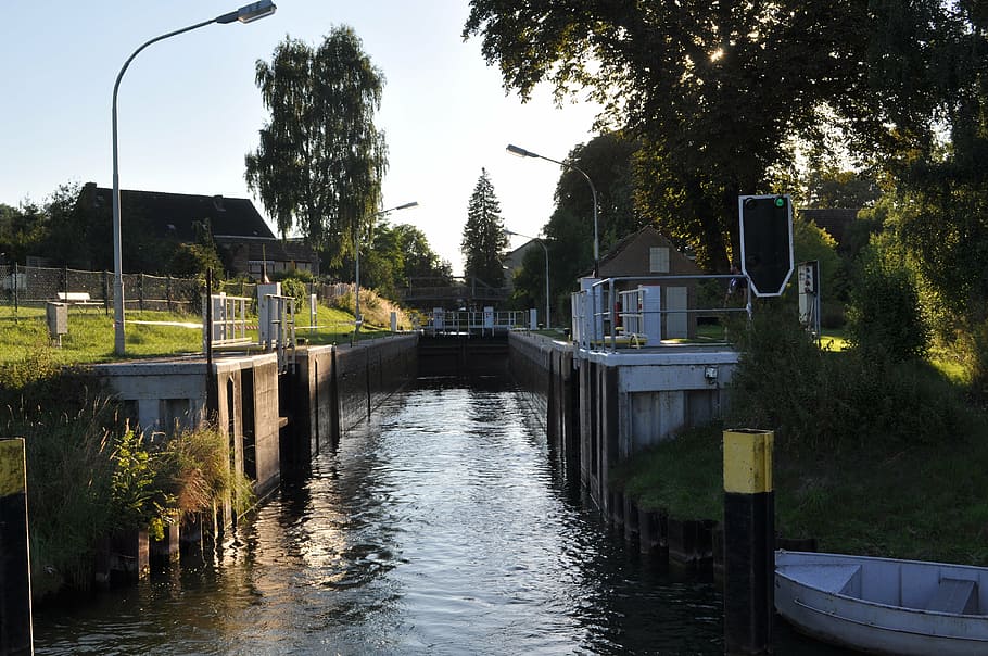 lock, müritz, water way, channel, barrage, canal, river, netherlands, HD wallpaper
