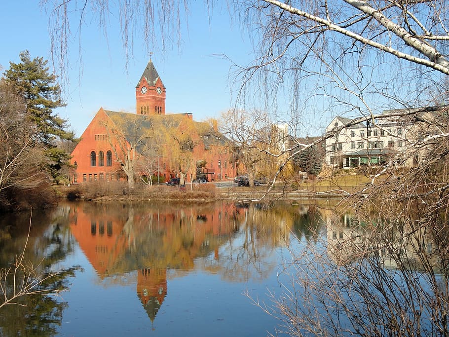 Massachusetts, Pond, Water, Reflections, sky, clouds, church HD wallpaper