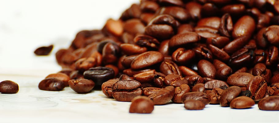 coffee beans on white surface, Cafe, Roasted, caffeine, brown HD wallpaper