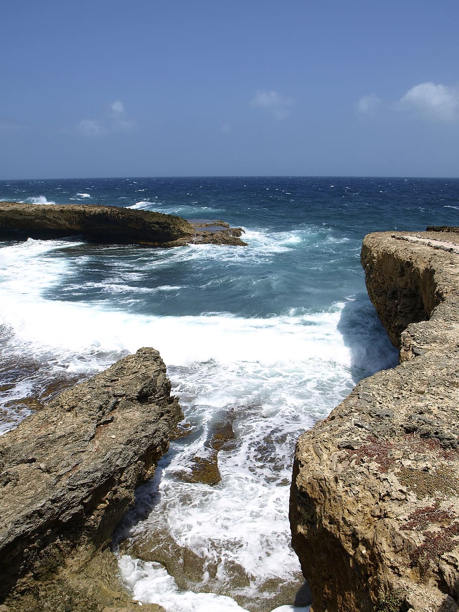 sea, caribbean, coast, rock, water, surf, wave, curacao, antilles, HD wallpaper
