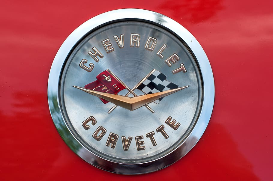 chevrolet corvette, logo, text, red, close-up, western script, HD wallpaper