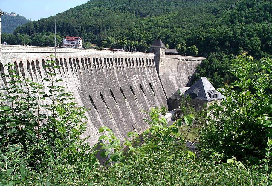 Dam, Edersee, Wall, Concrete, Water, trees, green, built structure HD wallpaper