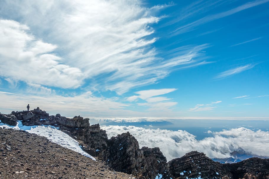 clouds, sky, mountain, valley, peak, summit, people, man, mountaineer HD wallpaper
