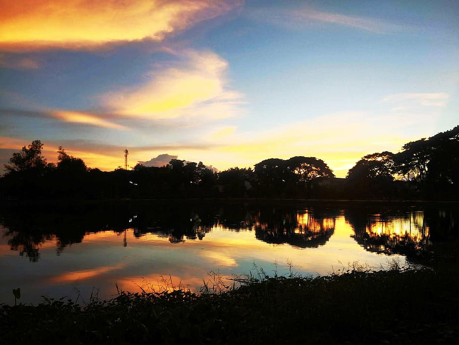 light, sky, night, sunset, nature, reflection, lake, dusk, landscape HD wallpaper