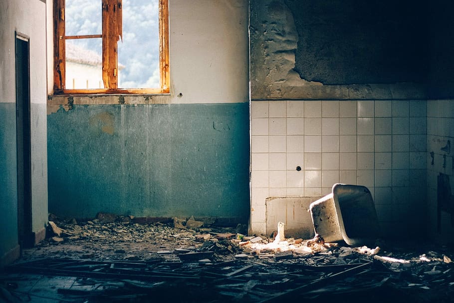 ruined sink inside house during daytime, green and white wrecked bathroom HD wallpaper
