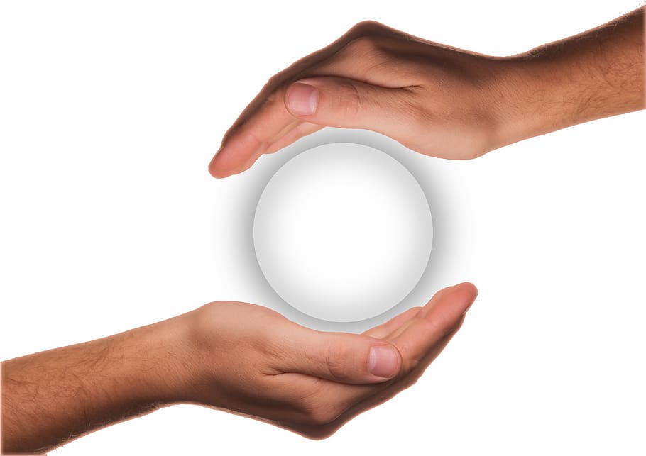 white sphere graphic photo, protect, hands, ball, about, symbol HD wallpaper