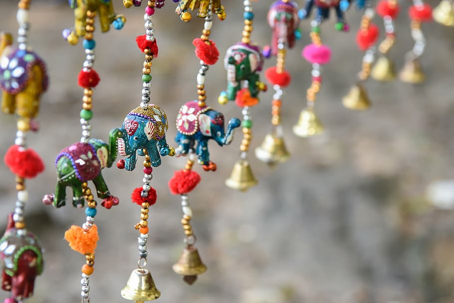 shallow focus photography of elephant figurines, elephants, colors, HD wallpaper